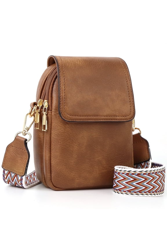 Small Crossbody Bags for Women, Vegan Leather Phone Wallet Purses with Detachable & Adjustable Guitar Strap, Double Compartment & Back Zipper Pocket, Trendy Crossbody Purse for Travel, Brown