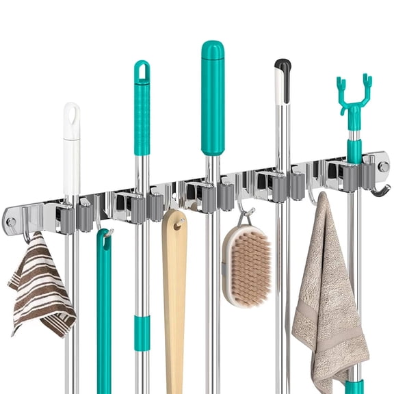 XUEYU Wall Mount Mop and Broom Holder, 5 Racks & 6 Hooks Tool Organizer, 304 Stainless Steel Garage & Kitchen Organization, Self Adhesive Heavy Duty Tool Rack, Home Storage Rack for Garden Laundry
