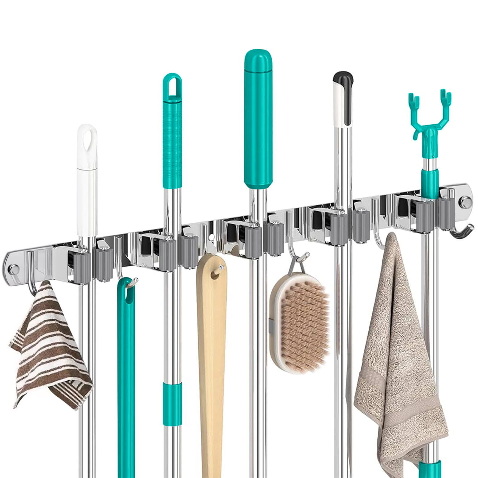 XUEYU Wall Mount Mop and Broom Holder, 5 Racks & 6 Hooks Tool Organizer, 304 Stainless Steel Garage & Kitchen Organization, Self Adhesive Heavy Duty Tool Rack, Home Storage Rack for Garden Laundry