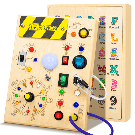 XUEYU Wooden Busy Board for Toddler, 10 LED Light Switches Busy Board Toddler Toys for 1-3 Year Old Boy and Girl, Color Study Sensory Travel Toys with 23 LED Light, Educational Boys and Girls Gift