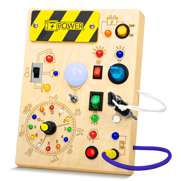 XUEYU Wooden Busy Board for Toddler, Sensory Travel Toys with 10 LED Light Switches for 1-3 Year Old Boy and Girl Gift, 23 LED Light Busy Board Toddler Toys for Color Study, Boy & Girl Birthday Gift