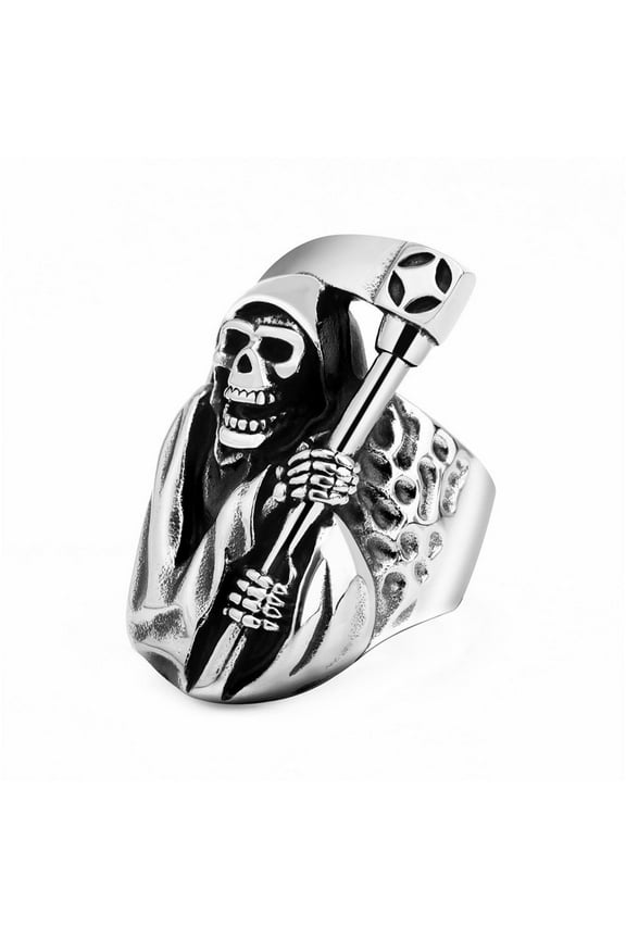 Grim Reaper Ring Gothic Skull Sickle Ring for Men Stainless Steel Punk Skull Ring Vintage Hip Hop Skull Head Ring for Men Gothic Punk Rock Jewelry