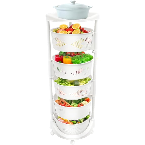 XUFOPLY Rotating Storage Rack, 5-Tier Circular Kitchen Storage Cart Multi Layer Rotating Storage Shelves with 5 Universal Wheels for Fruits Grocery Corns Potatos (5 Tier)