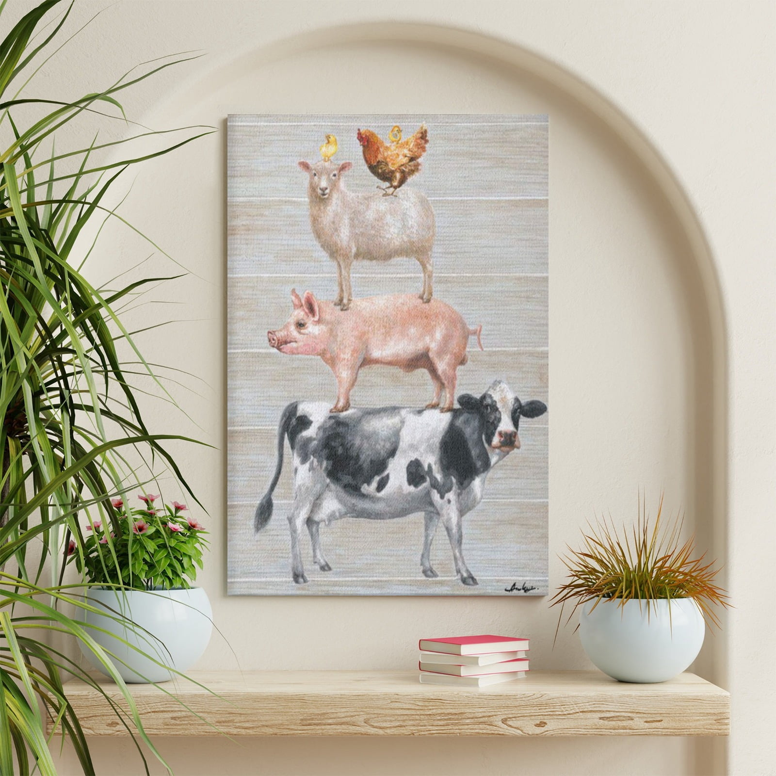 XUFX Farmhouse Wall Decor Canvas Print: Farm Animals Cow Pig Sheep and