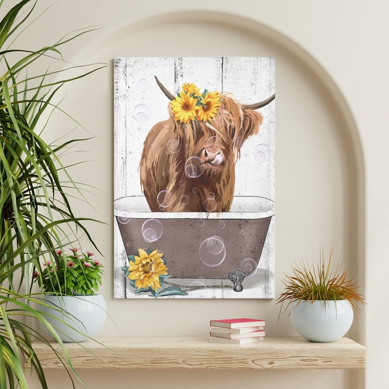 Tableau Canvas "Highland Cow On The Phone On The Toilet" - Art Mural Humoristique - Encadré
