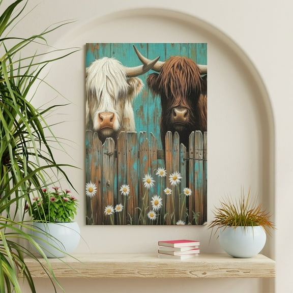 XUFX Highland Cow Wall Art Cattle White Daisy Wooden Fence Canvas Print Picture Rustic Farm Animal Poster Turquoise Country Painting for Living Room Bathroom Bedroom Home Decor 18x12inch Framed