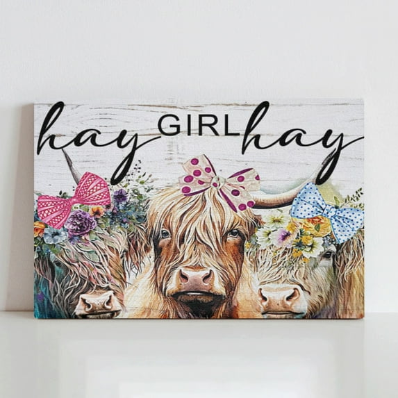 XUFX Highland Cow Wall Art Farmhouse Wall Decor Cute Cow Gifts Bedroom Decor Retro Cow With Garland Wall Art Funny Artwork Print Used in Bathroom Office Decoration Framed 16x12inch