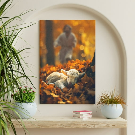 XUFX Jesus and Lamb Canvas Wall Art Jesus Runs for the Lost Sheep In Autumn Forest Picture Wall Art Canvas Print Christian Home Decor Framed 8x10inch