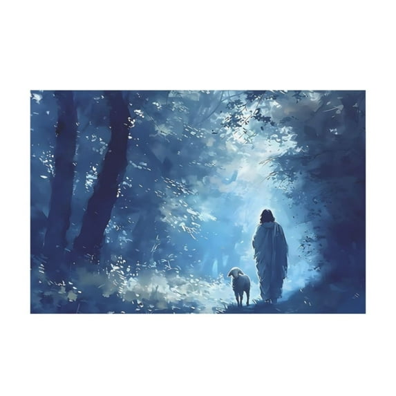 XUFX Jesus and Lamb Wall Art Blue Christian Canvas Wall Decor Jesus Lamb Poster Religious Belief Picture Print Christ Art Painting Home Living Room Bedroom Church Unframe 10x8inch