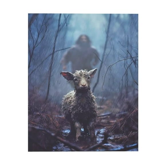 XUFX Jesus and the Lamb Canvas Wall Painting Jesus Chasing the Lamb in the Rain Picture Religious Christian Home Decor Print Unframe 8x10inch