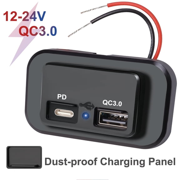XUKEY 12V PD Type C USB Port Car Fast Charger Socket LED Power Outlet Panel Waterproof Black
