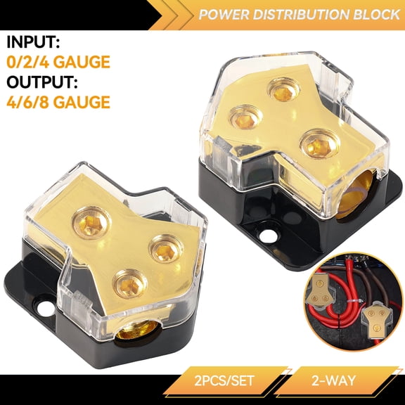 XUKEY 2Pcs 2 Way Car Power Distribution Amp Block Car Audio Power Wire Splitter 0/2/4 Gauge in 4/6/8 Gauge Out Durable Amplifier Power