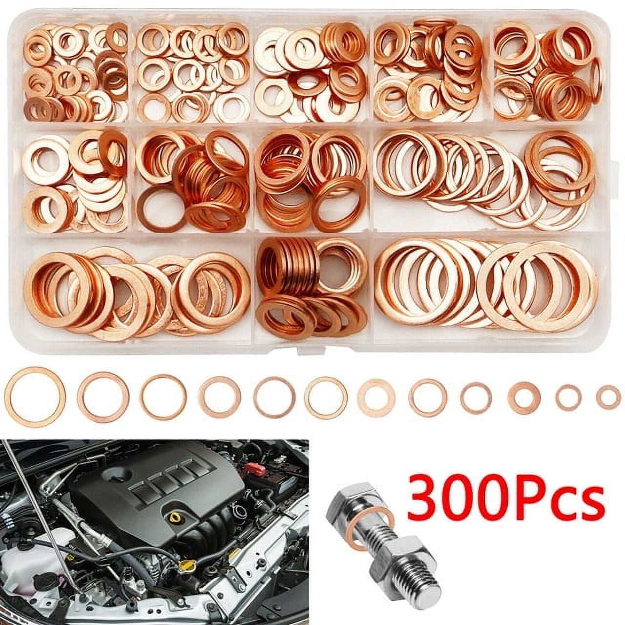 XUKEY 300x Car Assorted Solid Copper Engine Washers Crush Seal Flat Ring Gasket Kit Set 12 Size M5 - M20 W/ Box