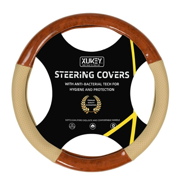 XUKEY Beige Wood Grain Car Steering Wheel Cover Leather  14.5" to 15"  Breathable Anti-Slip Universal