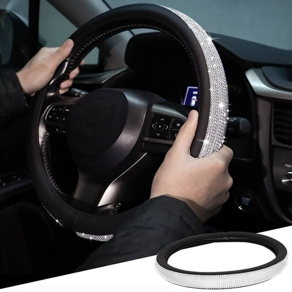 XUKEY Bling Car Steering Wheel Cover 15'' Universal Crystal Diamond Leather Anti-slip for Girl Woman