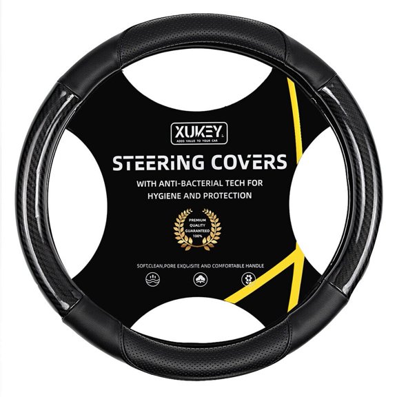 XUKEY Car Steering Wheel Cover Black Carbon Fiber Leather Breathable Anti Slip 15'' 14.5'' Universal