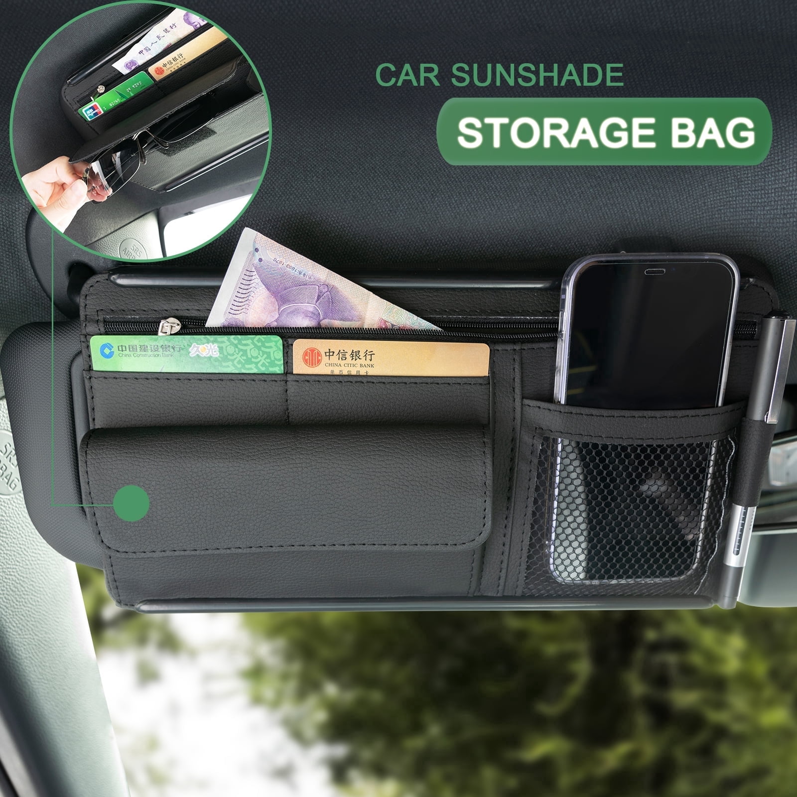 XUKEY Car Sun Visor Organizer Storage Bag Black PU Leather Pouch Pocket Card Holder Universal
