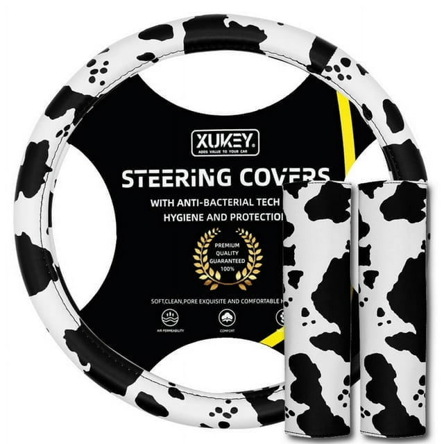 XUKEY Cow Print Steering Wheel Cover Set 15Inch Wheel Protector and 2