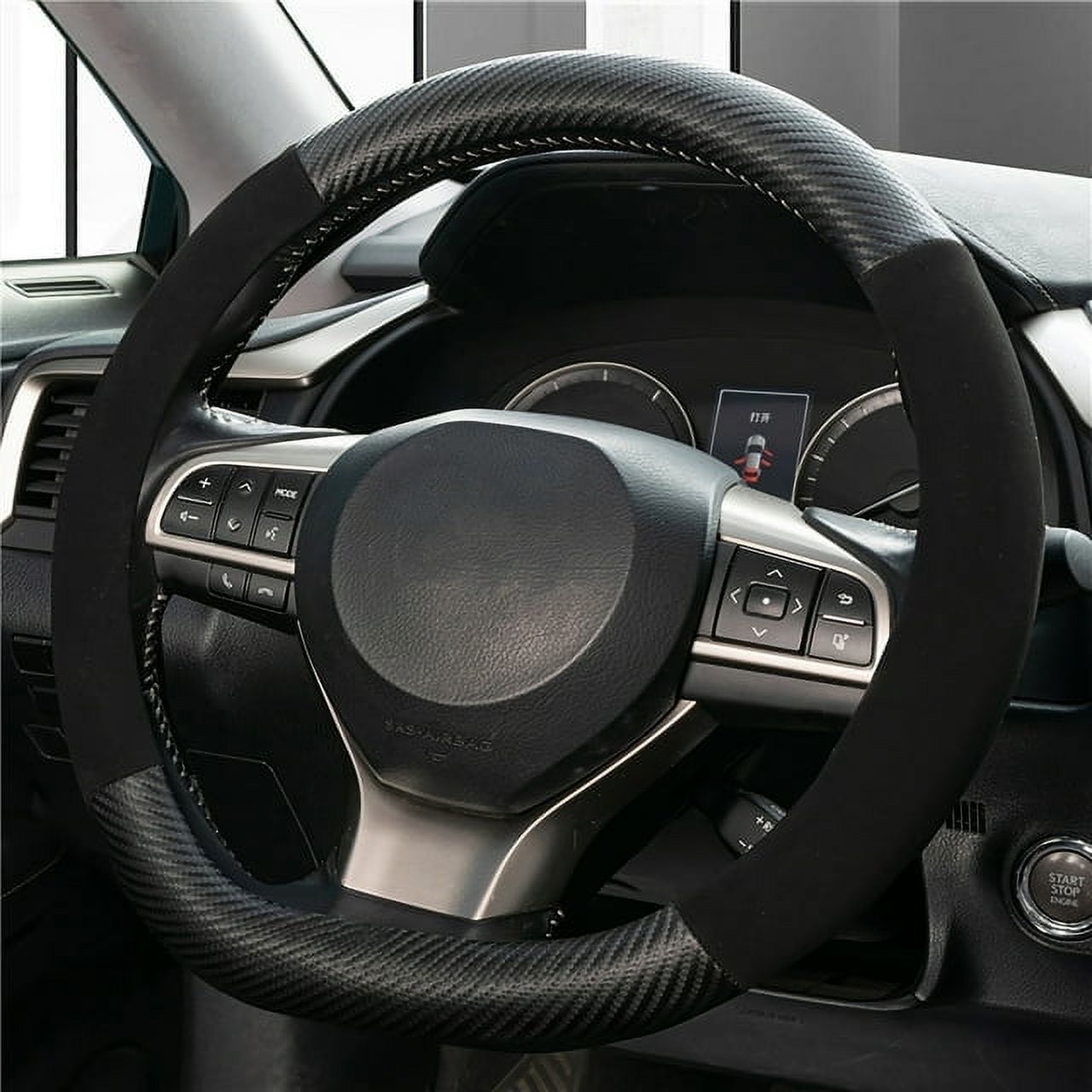 D-Shaped Carbon Fiber & Suede Leather Steering Wheel Cover