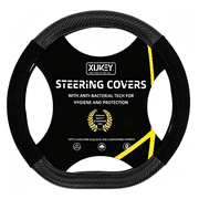 XUKEY D-Shaped Car Steering Wheel Cover 14.5-15 Non-slip Carbon Fiber Black Leather