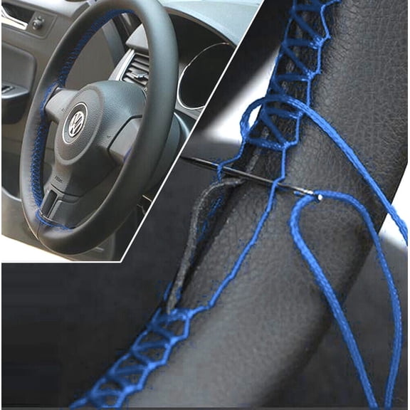 XUKEY DIY Hand Sewing Car Steering Wheel Cover Needle & Thread Protector Blue Leather