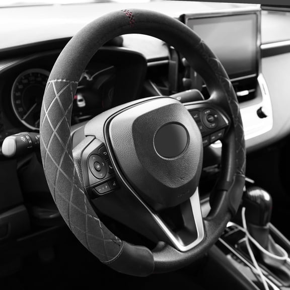 XUKEY Universal Suede Car Steering Wheel Cover Soft Non-Slip for O/D Type 14''-15.5 Inch Black