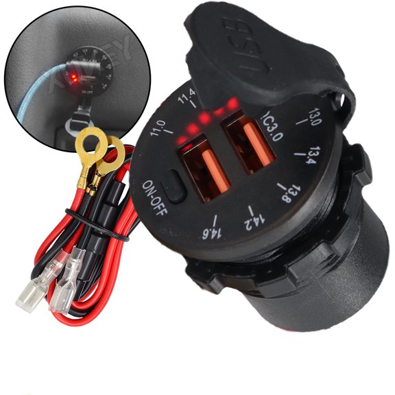 XUKEY Waterproof Dual USB Car Charger QC3.0 Fast Charge Power Outlet Socket Digital Voltmeter 12V