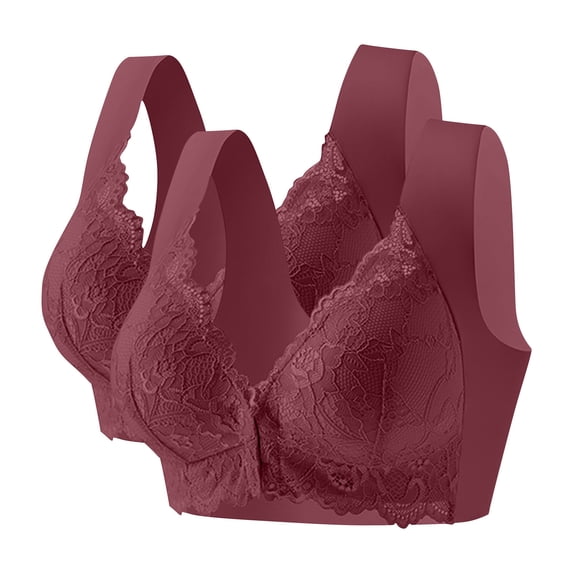 BNOXUT 2pc Plus Size Bra for Women No Underwire Push up Thin Breathable Full Coverage High Support Seamless V Neck Comfy Bras(3X-Large,Wine)