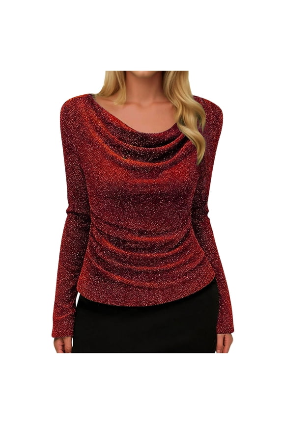 Women's Glitter Cowl Neck Blouse Draped Long Sleeve Evening Party Slim Fitted Top