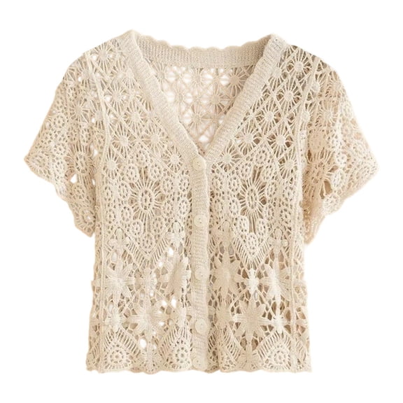 SONXAHE Womens Crochet Lace Button Front Cardigan Short Sleeve Openwork Bohemian Inspired Casual Shrug