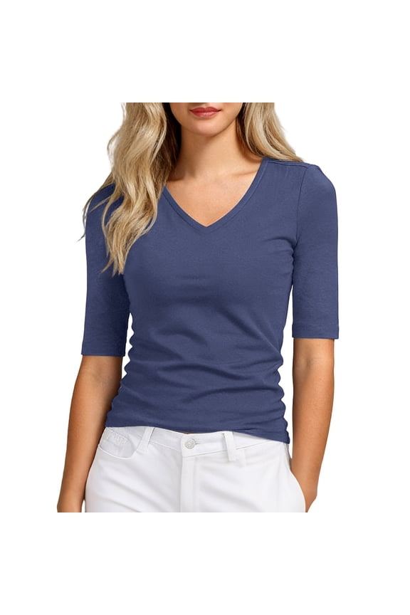 Womens Slim Fit Elbow Sleeve V Neck Tee Soft Stretch Casual Daily Wear Basic Shirt