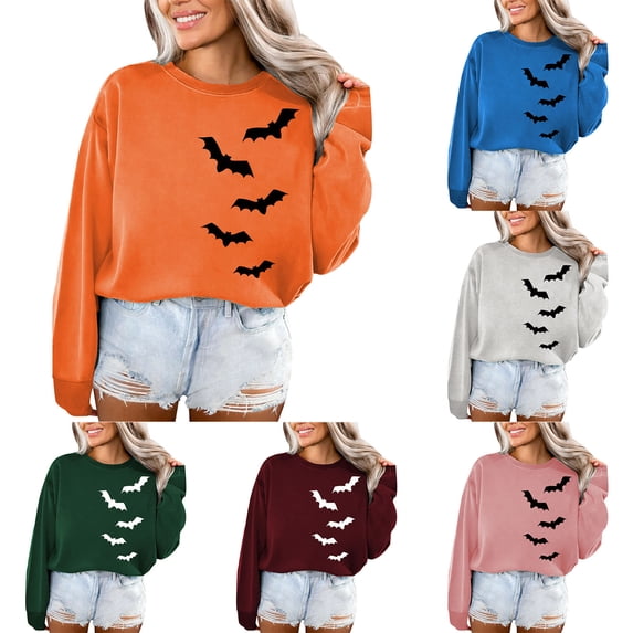 XUNHAO Women's Round Neck Sweatshirt Casual Crew Neck Bat Print Cute Pullover Loose Fit