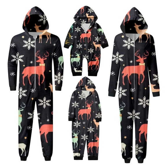 XUNHAO Matching Christmas Family Outfit Parent Child Outfit Snowflake Deer Christmas Print Hooded Zipper Home Jumpsuit Family Picture Outfits