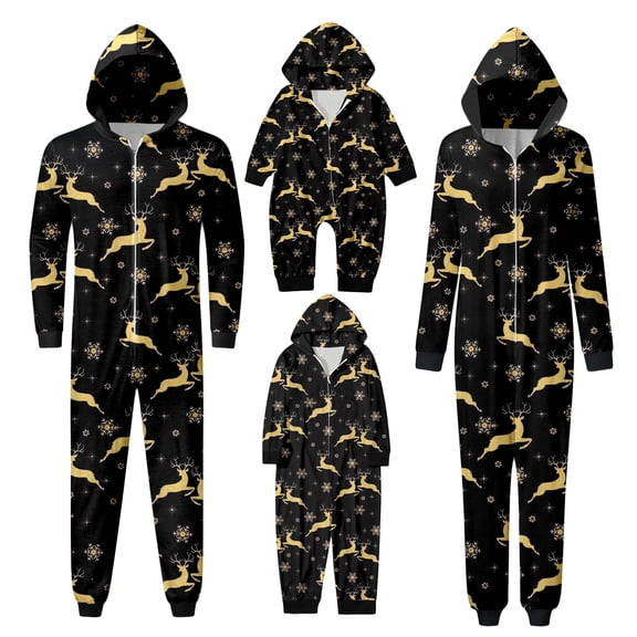 XUNHAO Matching Christmas Family Outfit Parent Child Outfit With Color Deer Christmas Print Hooded Zipper Home Jumpsuit Family Photo Outfits