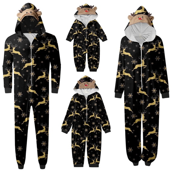 XUNHAO Matching Christmas Family Pajamas Sets Leisure Christmas Parent Child Outfit Snowflake Deer Christmas Printed Pajamas Jumpsuit Home Clothes With Hat Jumpsuit Trendy Party Clothes