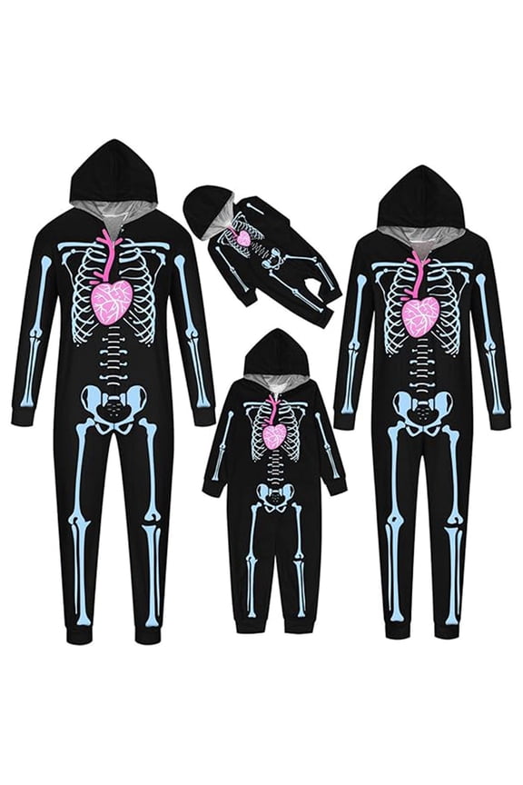 Matching Halloween Family Outfit Parent Child Colorful Skeleton Fun Halloween Printed Hooded Zipper Home Jumpsuit Cute Family Set