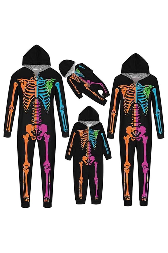 Matching Family Outfit Parent Child Colorful Skeleton Printed Hooded Zipper Home Jumpsuit Family Picture Outfits