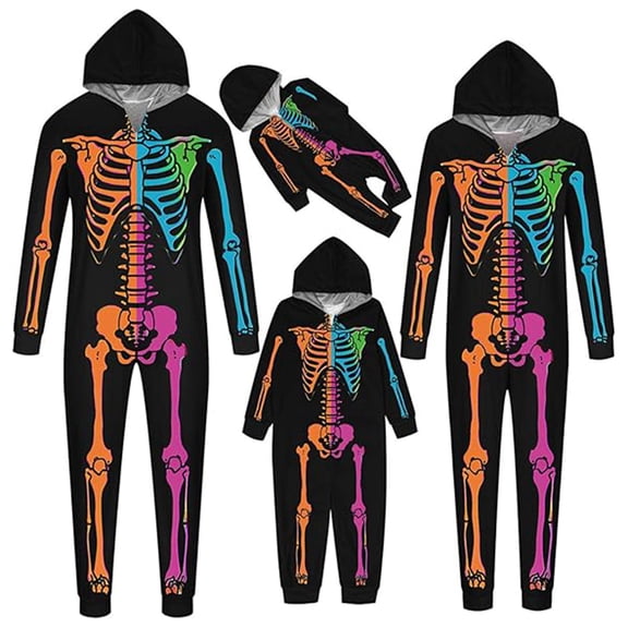 XUNHAO Matching Halloween Family Outfit Parent Child Colorful Skeleton Halloween Printed Hooded Zipper Home Jumpsuit Outdoor Photography Set