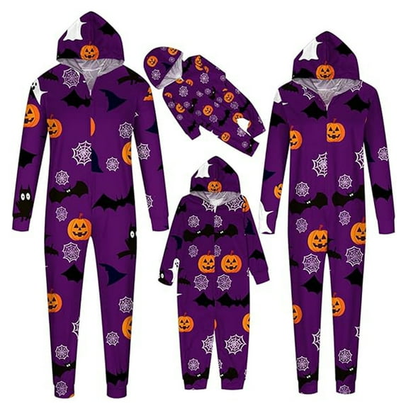 XUNHAO Matching Halloween Family Outfit Parent Child Outfit Cute Pumpkin Halloween Print Hooded Zipper Home Jumpsuit Family Picture Outfits