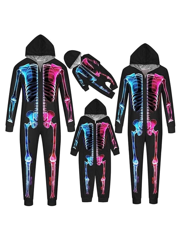 Matching Halloween Family Outfit Parent Child Outfit Fluorescent Skeleton Halloween Printed Hooded Zipper Home Jumpsuit Family Picture Outfits