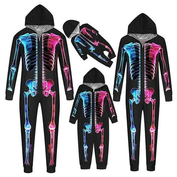 XUNHAO Matching Halloween Family Outfit Parent Child Outfit Fluorescent Skeleton Halloween Printed Hooded Zipper Home Jumpsuit Trendy Party Clothes
