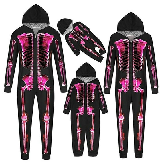 XUNHAO Matching Halloween Family Outfit Parent Child Outfit Skeleton Hooded Zipper Home Jumpsuit Cute Family Set