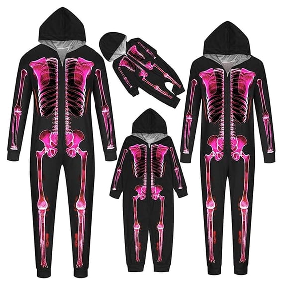 XUNHAO Matching Halloween Family Outfit Parent Child Outfit Skeleton Hooded Zipper Home Jumpsuit Family Photo Outfits