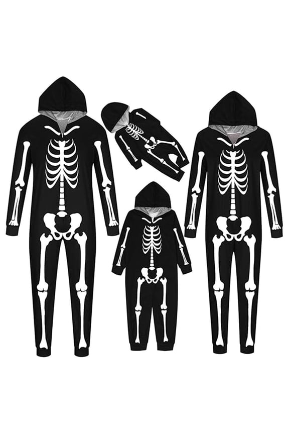 Matching Halloween Family Outfit Parent Child Outfit White Skeleton Halloween Print Hooded Zipper Home Jumpsuit Family Photo Outfits