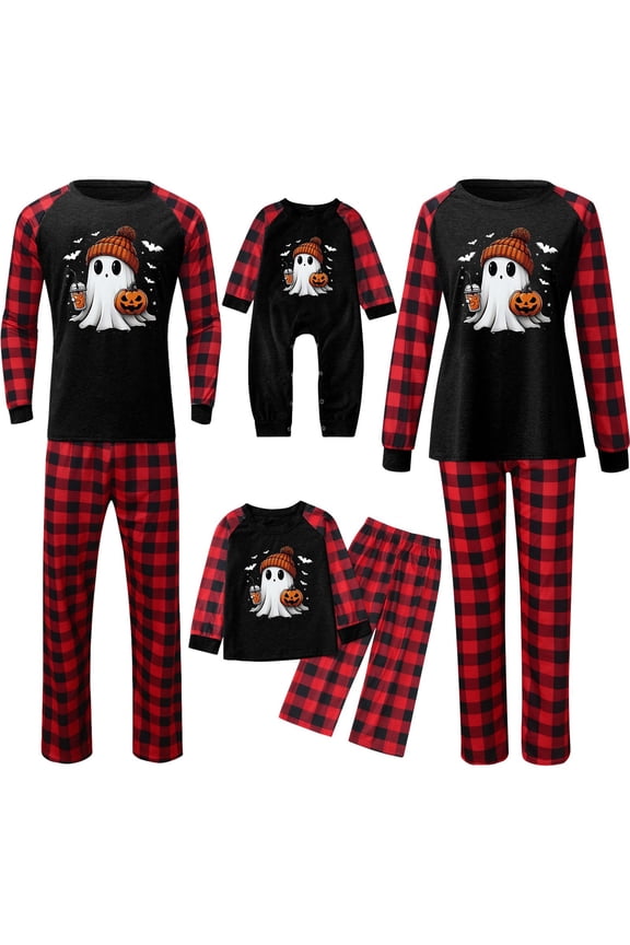 Matching Halloween Family Outfit Home Suit Set Plaid Patchwork Halloween Print Romper Home Suit Family Picture Outfits