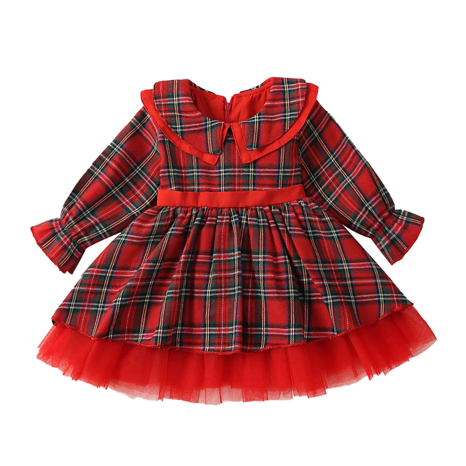 XUNHAO Toddler Girls Long Sleeve Christmas Plaid Prints Dress Tulle