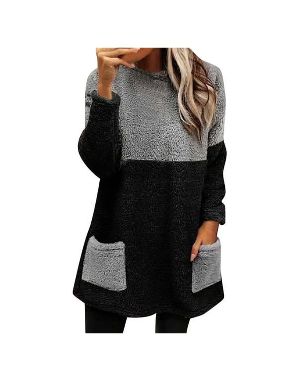 Women'S Round Neck Sweatshirt Winter Coat Loose Wool Jacket Long Sleeved Jumper With Pockets Relaxed Fit Tops