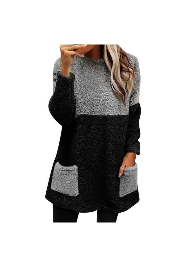 Women'S Round Neck Sweatshirt Winter Coat Loose Wool Jacket Long Sleeved Jumper With Pockets Teen Sports Clothing