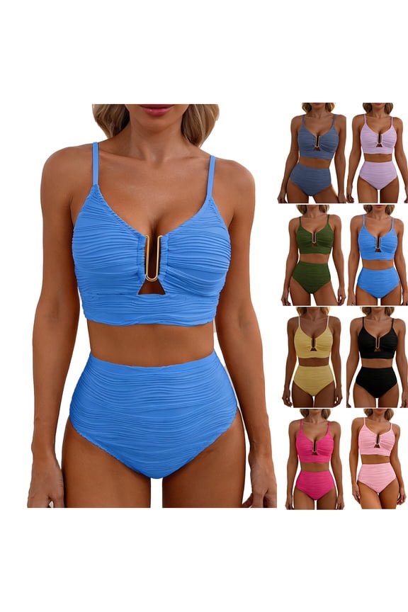 2 Piece Bikini Set Fashion U-Wire Cutout Womens Bathing Suits Classic High Waisted Textured Pleated Summer Beach Swimsuits for Women XS-2XL,Black