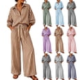 thumbnail image 1 of XUNKUSGA 2 Piece Sets for Women Fashion Striped Matching Set Classic Collared V Neck 3/4 Puff Sleeve Top Drawstring High Waist Wide Leg Pants Matching Sets Women Clothing Gray 3XL, 1 of 10